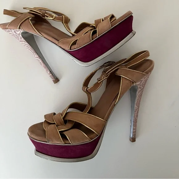 Authentic Yves Saint Laurent Tribute heel 105mm heels purple gold suede sz 39 - Picture 1 of 12